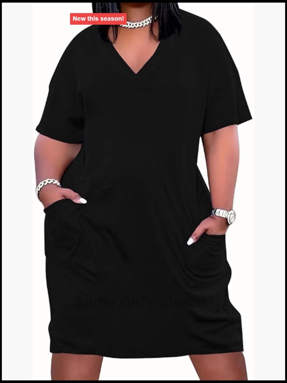 Plus Size Midi Dress with Pockets Short Sleeve V-Neck Casual T-Shirt Dress